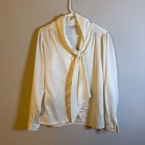 Cheryl Tiegs Vintage Ivory Satin Tie Neck Blouse Long Sleeve Button Up Size 14